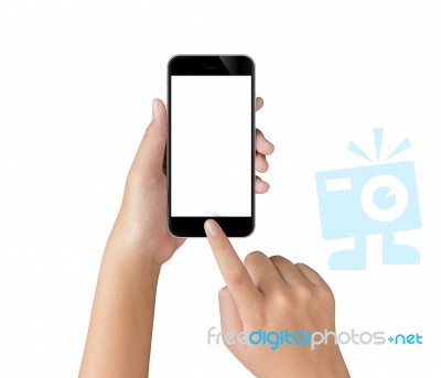 Hand Using Phone Blank Screen Isolated With Clipping Path On White Stock Photo