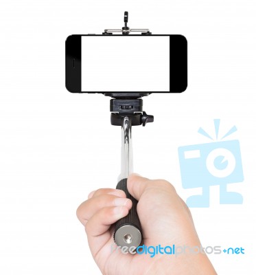 Hand Using Selfie Stick Isolated White Clipping Path Inside Stock Photo