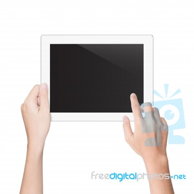 Hand Using Tablet Isolated White Clipping Path Inside Stock Photo