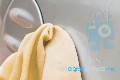 Hand Washing Car With Yellow Chamois (microfiber Towel) Stock Photo