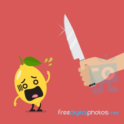 Hand With A Knife Prepare To Cut Shocked Lemon Stock Image