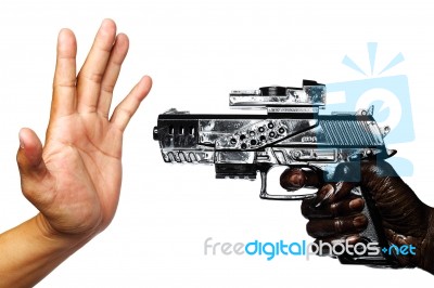 Hand With Gun Stained With Engine Oil Pointing To Empty Hand Stock Photo