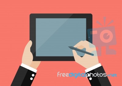 Hand Writing On Blank Screen Of Tablet Stock Image