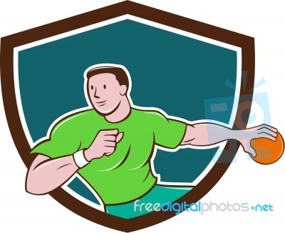 Handball Player Throwing Ball Crest Cartoon Stock Image