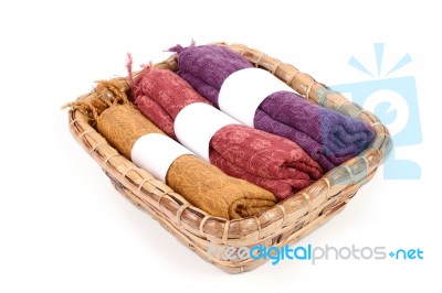 Handicraft Cotton Scarf In Basket Stock Photo