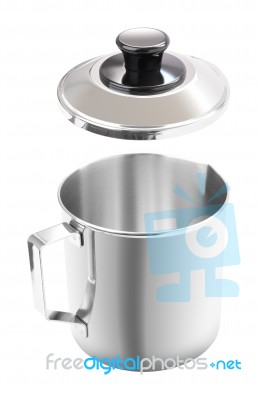 Handle Stainless Gutter Cup With Open Cover On White Background Stock Photo