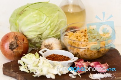 Handmade Preparation Of Sauerkraut And Cabbage Kimchi Stock Photo