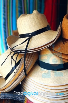 Handmade Traditional Panama Hats Are Stacked For Sale At The Out… Stock Photo