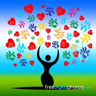 Handprints Tree Represents Valentine's Day And Artwork Stock Image