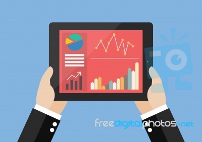 Hands Hold Tablet With Flat Simplistic Inforgraphic Charts On A Stock Image