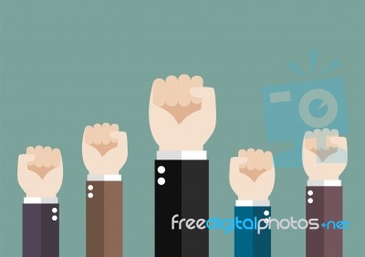 Hands Of Business Team Raised Fist Air Stock Image