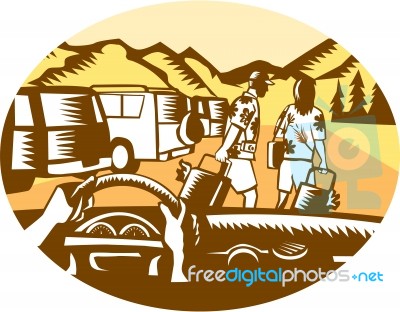 Hands On Wheel Tourist Mountain Oval Woodcut Stock Image