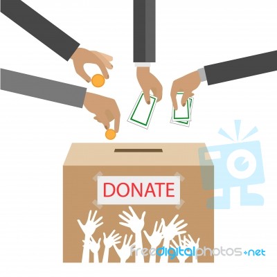 Hands Putting Gold Coin And Money In Donation Box. Illustration In Flat Style Stock Image