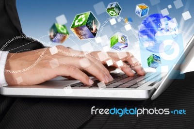 Hands Typing On Laptop Keyboard Connection The World Stock Image