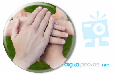 Hands Uniting In Glass Sphere On White Stock Photo