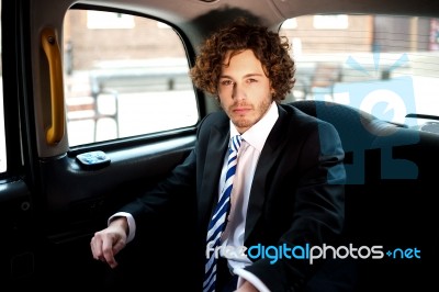 Handsome Business Corporate Inside Taxi Stock Photo