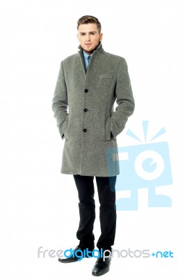 Handsome Elegant Man In Overcoat, Isolated Stock Photo