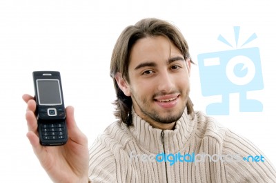 Handsome Man Showing Cell Phone Stock Photo