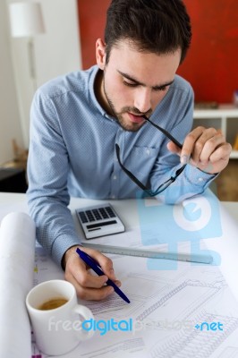 Handsome Young Businessman Working In The Office Stock Photo