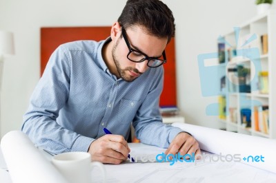 Handsome Young Businessman Working In The Office Stock Photo