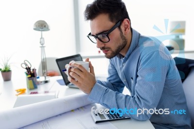 Handsome Young Businessman Working In The Office Stock Photo