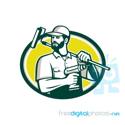 Handyman Bearded Drill Paintroller Oval Retro Stock Image