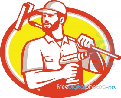 Handyman Cordless Drill Paintroller Oval Retro Stock Image