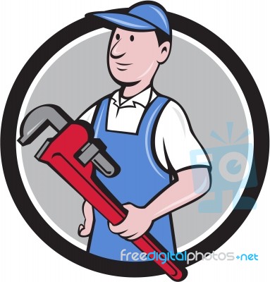 Handyman Holding Pipe Wrench Circle Cartoon Stock Image