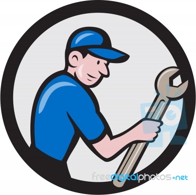 Handyman Holding Spanner Circle Cartoon Stock Image