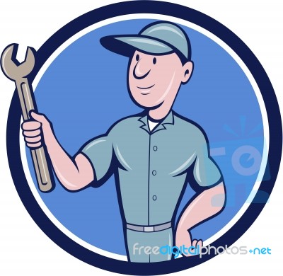 Handyman Holding Spanner Circle Cartoon Stock Image