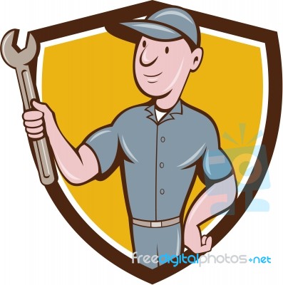 Handyman Holding Spanner Crest Cartoon Stock Image