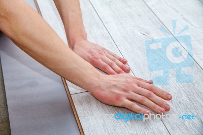 Handyman Laying Down Laminate Flooring Boards Stock Photo