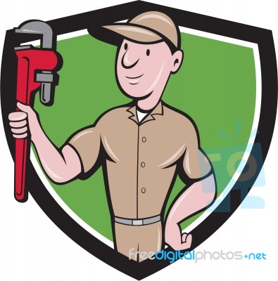 Handyman Monkey Wrench Crest Cartoon Stock Image