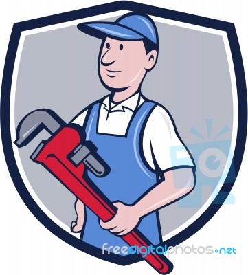 Handyman Pipe Wrench Crest Cartoon Stock Image