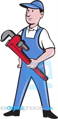 Handyman Pipe Wrench Standing Cartoon Stock Image