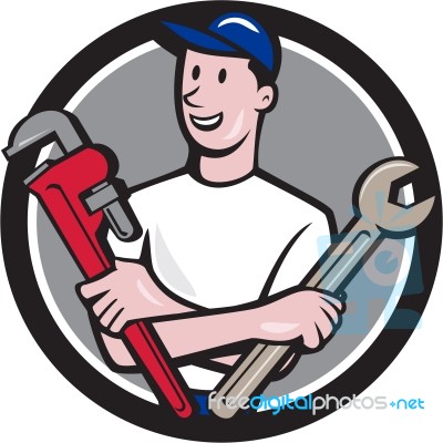 Handyman Spanner Monkey Wrench Circle Cartoon Stock Image