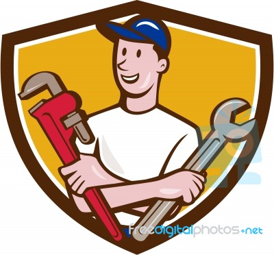 Handyman Spanner Monkey Wrench Crest Cartoon Stock Image