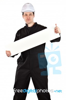 Handyman Wearing Uniform And Hardhat Stock Photo