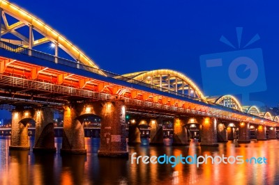 Hangang Bridge At Night In Seoul, South Korea Stock Photo