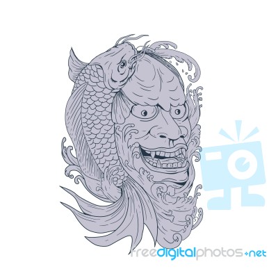 Hannya Mask And Koi Fish Drawing Stock Image