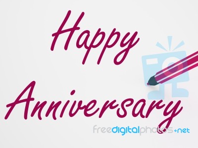 Happy Anniversary On Whiteboard Shows Romantic Celebration Or Gr… Stock Image