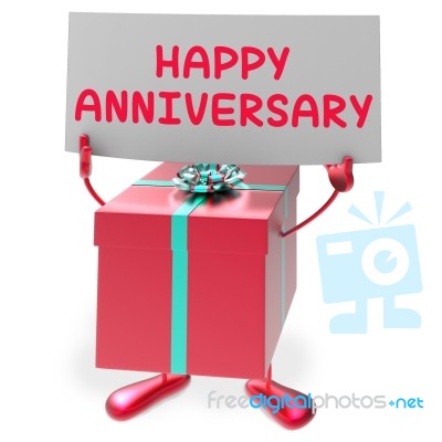 Happy Anniversary Sign And Gift Shows Cheerful Festivities And P… Stock Image