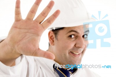 Happy Architect Showing His Palm Stock Photo