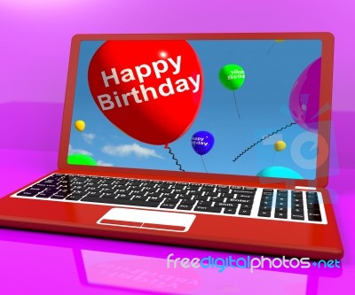 Happy Birthday Balloons On Laptop Stock Image