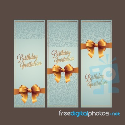 Happy Birthday Card Blue Color And Gold Ribbon,  Design Stock Image