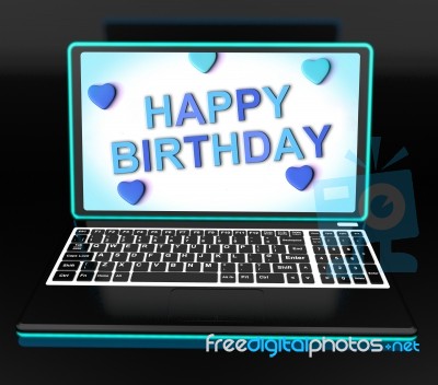 Happy Birthday Greeting On Computer Shows Internet Celebration Stock Image