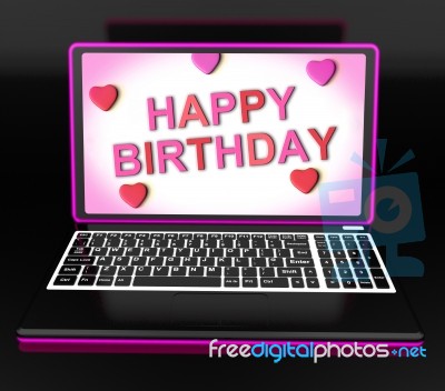 Happy Birthday Message On Computer Shows Internet Greeting Stock Image