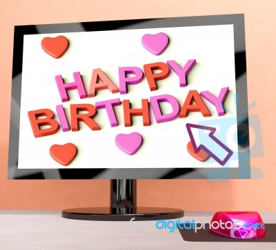 Happy Birthday On Computer Screen Showing Online Greeting Stock Image