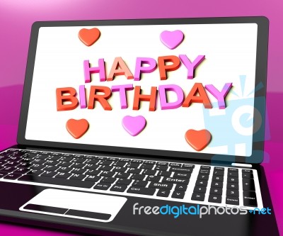 Happy Birthday On Laptop Computer Screen Showing Online Greeting… Stock Image