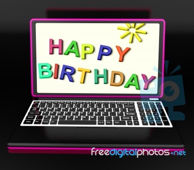 Happy Birthday On Laptop Shows Online Greetings Stock Image